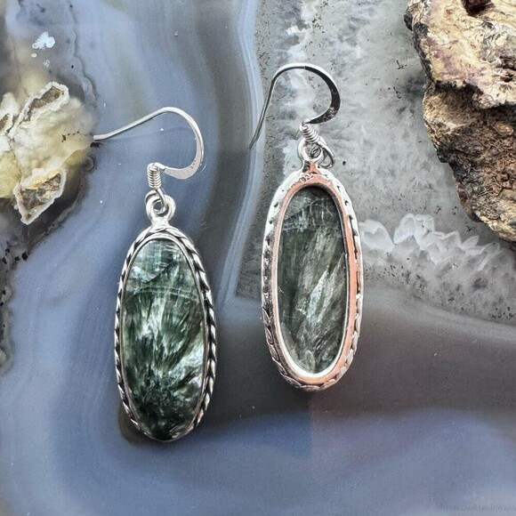 Sterling Southwestern Style Elongated Oval Serpentine Dangle Earrings For Women - Picture 7 of 10